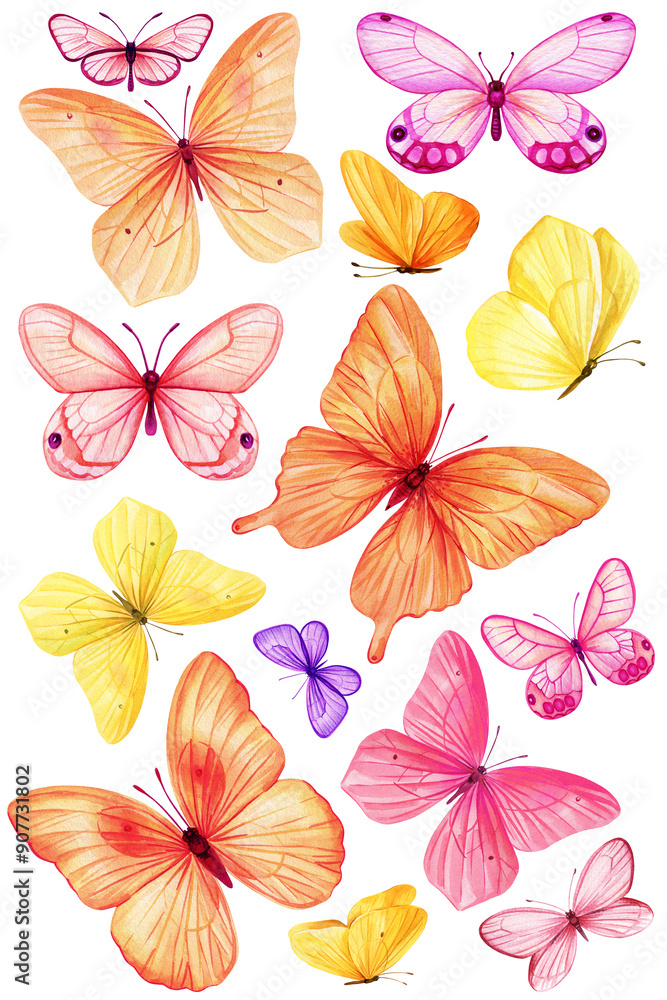 Obraz premium Butterflies set watercolor painting illustration isolated background, colorful butterfly, art collection spring animal