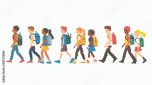 Diverse group students walking side side, carrying backpacks, showing casual attire youthful energy. Children various ethnicities casual clothes their way school, education concept. Flat design