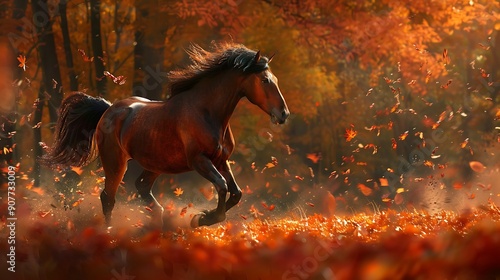 A dynamic image of a horse running through autumn leaves with vibrant foliage in the background. photo