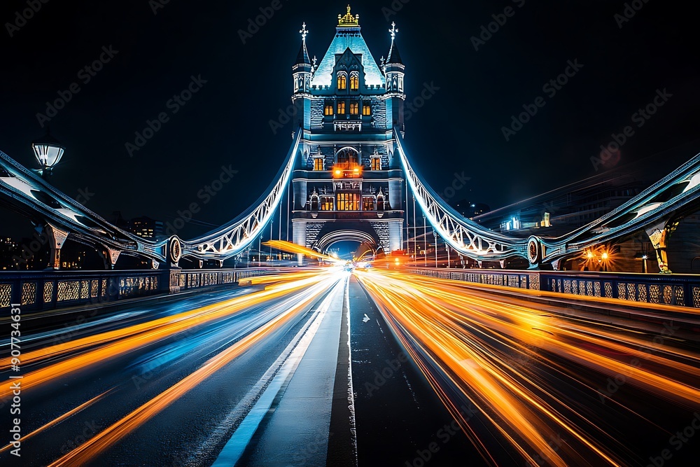 Obraz premium Tower bridge at night with light trails left by a passing double-decker bus, London, England, United Kingdom
