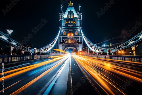 Tower bridge at night with light trails left by a passing double-decker bus, London, England, United Kingdom