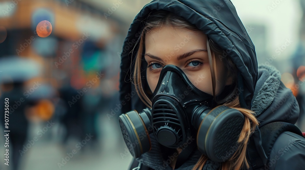 Beautiful woman in Cyberpunk style hoodie and gas mask Beautiful woman in Cyberpunk style hoodie and gas mask