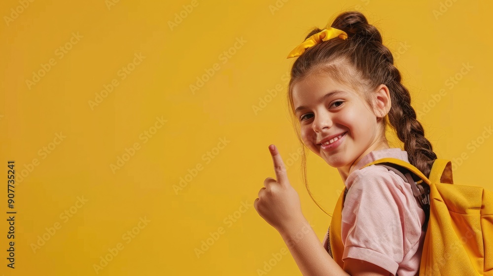 Happy female student points thumb at blank space to send message Panama yellow background Happy female student points thumb at blank space to send message Panama yellow background
