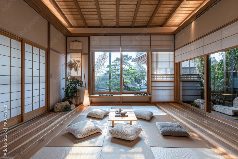 A stylishly decorated Japanese home garage featuring floor cushions and a low table A stylishly decorated Japanese home garage featuring floor cushions and a low table