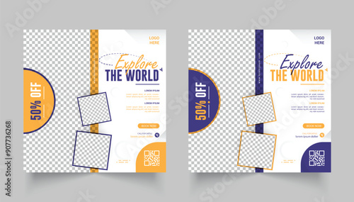 Travel Social Media Post Template design , Travel agency web, social ads vector posters for business.