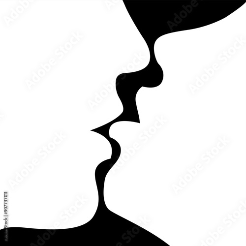 vector minimalist black and white illustration of silhouette of two passionately kissing people in love isolated on black background. useful for Valentines day cards, print, design elements, poster.