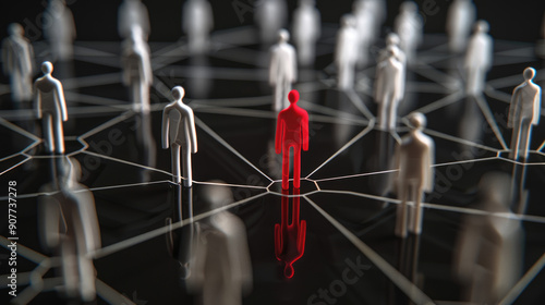 Fototapeta Naklejka Na Ścianę i Meble -  A network of people connected by lines, with one person in red standing out among the white figures on a black background, symbolizing selfhood and personal growth through social connections.