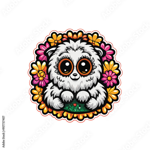 A vector illustration of a round fluffy white monster with big eyes and a cute smile surrounded by colorful flowers.