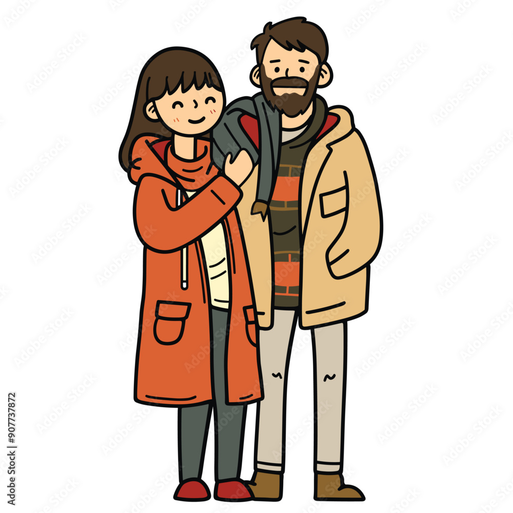 Couple smiling, woman embracing man, both wearing winter clothing. Man beard, happy expression, woman red coat, casual attire. Cartoon style, standing together, content, cheerful characters Couple smiling, woman embracing man, both wearing winter clothing. Man beard, happy expression, woman red coat, casual attire. Cartoon style, standing together, content, cheerful characters