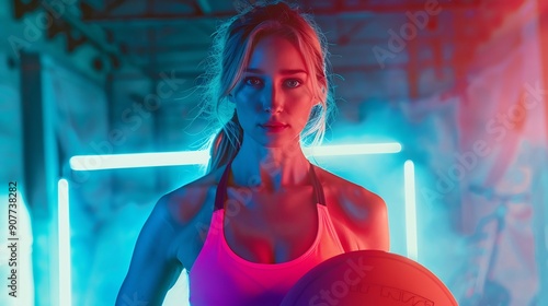 Portrait of beautiful sportswoman holding ball with neon style creative lights