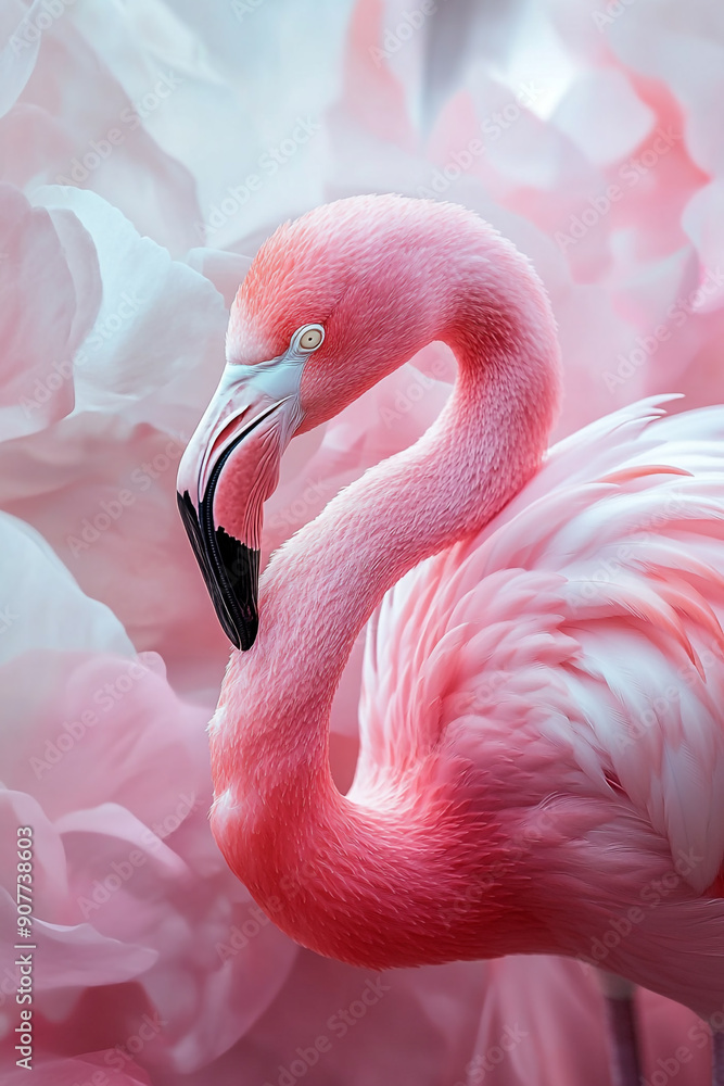 Fototapeta premium Flamingo with pink flowers background