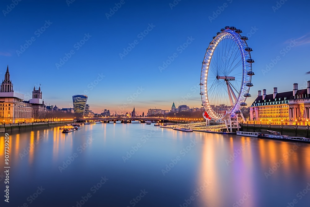 Obraz premium London at twilight. London eye, County Hall, Westminster Bridge, Big Ben and Houses of Parliament.