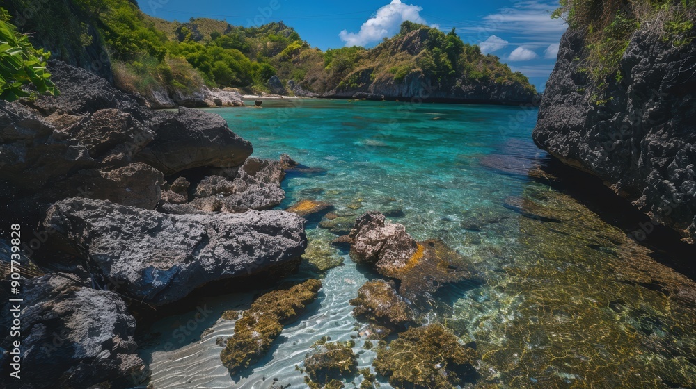 Turquoise blue water gently lapping at the rocky shore of a secluded tropical island Turquoise blue water gently lapping at the rocky shore of a secluded tropical island