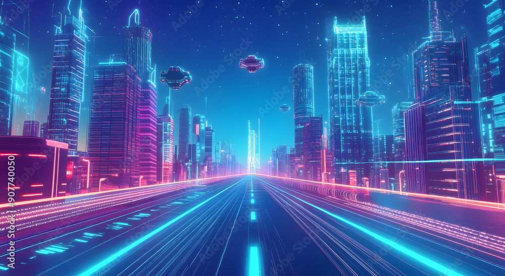 A Futuristic Cityscape with Towering Skyscrapers Glowing in Neon Lights A Futuristic Cityscape with Towering Skyscrapers Glowing in Neon Lights