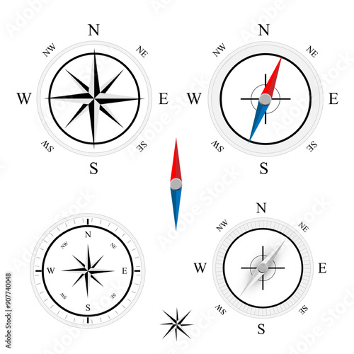 Compass set icons, navigation equipment sign, flat nautical chart wind rose icon, north, east, south, west, compass symbol collection.