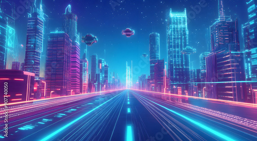 A Futuristic Cityscape with Towering Skyscrapers Glowing in Neon Lights