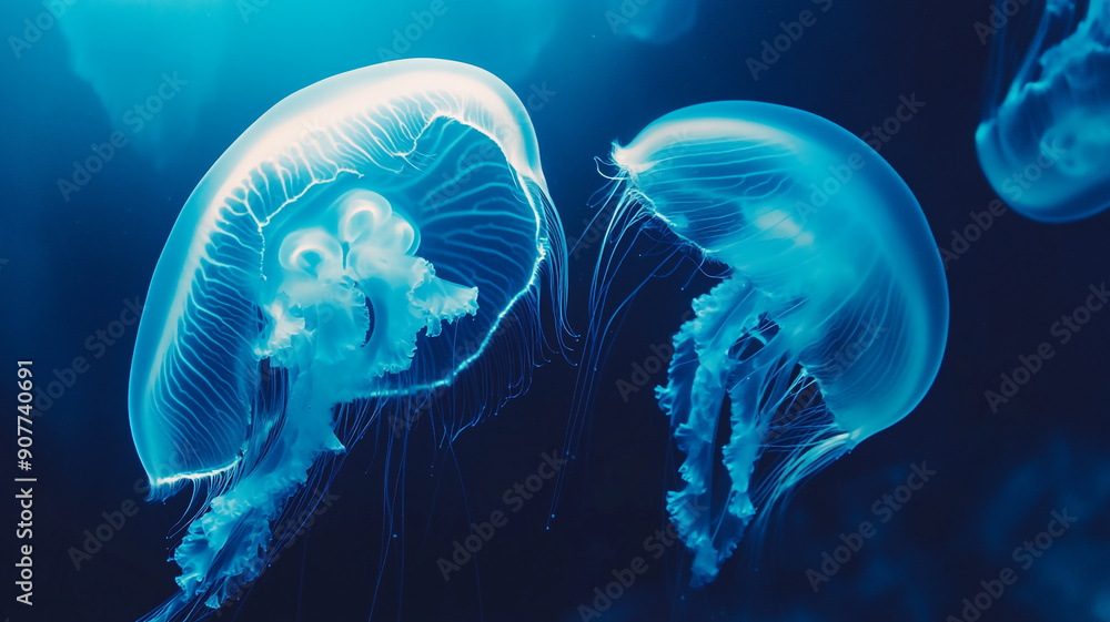 Blue Jellyfish swims in the ocean sea, dark background Blue Jellyfish swims in the ocean sea, dark background