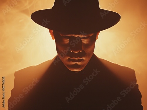 Medium shot of black silhouette of a man in a panama hat frame by torso, themed background,   photo