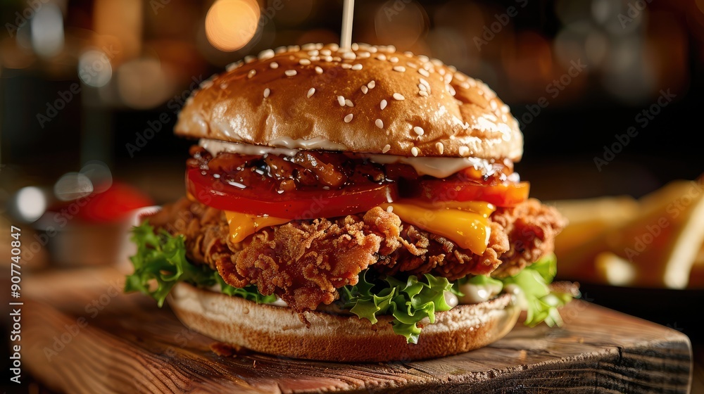Delicious crispy chicken burger with lettuce, tomato and cheese. Delicious crispy chicken burger with lettuce, tomato and cheese.