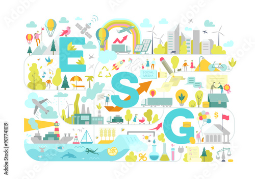 ESG, environmental, social, and governance concept with icons of green energy, eco friendly business, agriculture, future technologies and social protection. Vector geometric banner of ESG