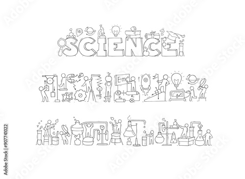 Chemistry and physics science icons with doodle scientists in laboratory. Concept of education, research and experiment with sketch of school chemical lab, microscope, magnet, vector illustration