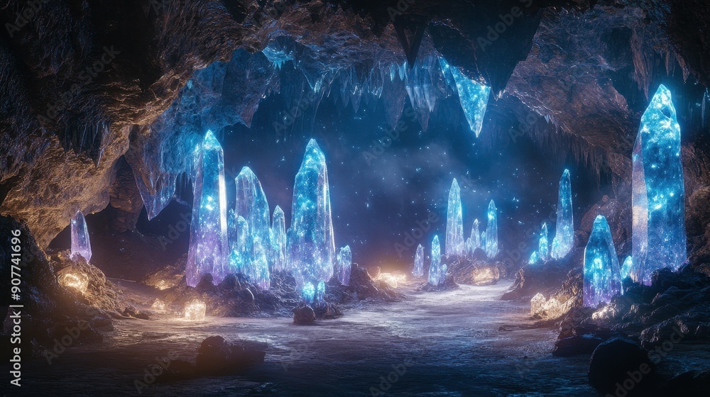A mystical cave with glowing crystals and ancient carvings A mystical cave with glowing crystals and ancient carvings