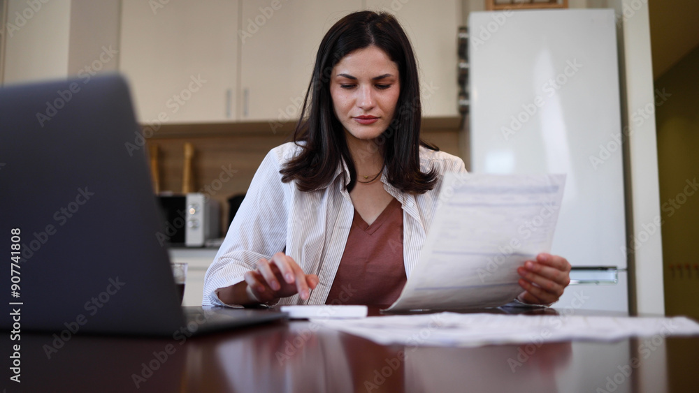Beautiful woman calculating her finances at home Beautiful woman calculating her finances at home