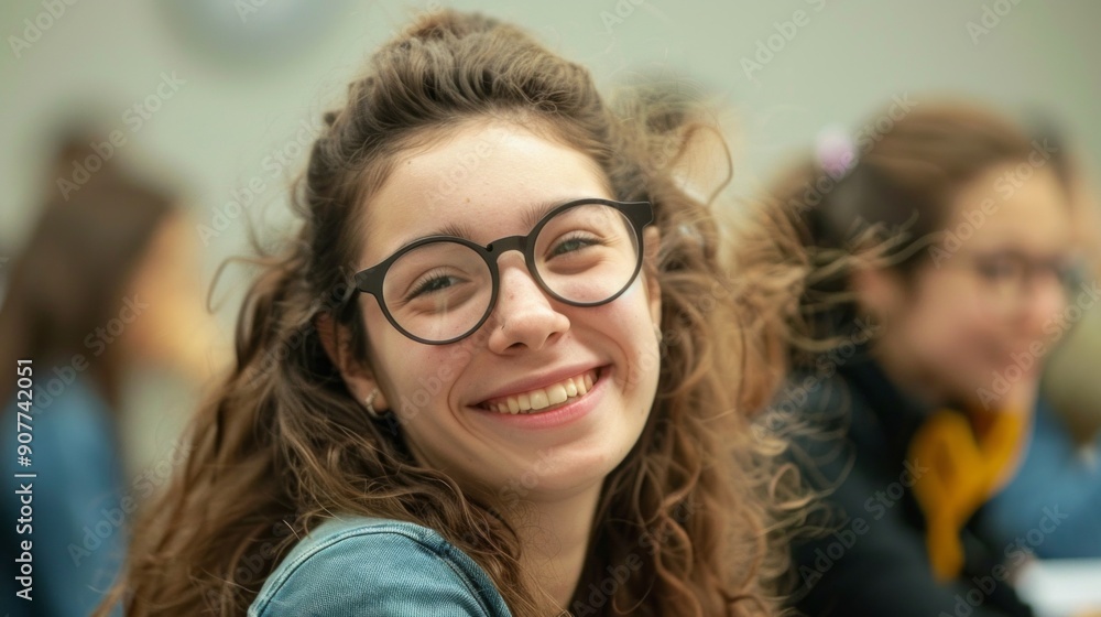 A girl with curly hair is smiling and wearing glasses A girl with curly hair is smiling and wearing glasses