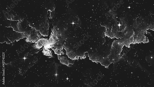 Deep space scene background in stippling style with amazing huge nebula and glowing stars cluster in universe. Retro styled dotwork. Pointillism. Noisy grainy shading using dots. Vector illustration