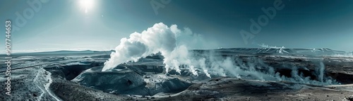 Vast geothermal field with steam vents under an expansive sky, top view, illustrating Earths natural power, robotic tone, Monochromatic Color Scheme, copy space for text photo