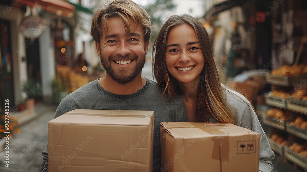 Happy Couple with Boxes in a City Street Happy Couple with Boxes in a City Street