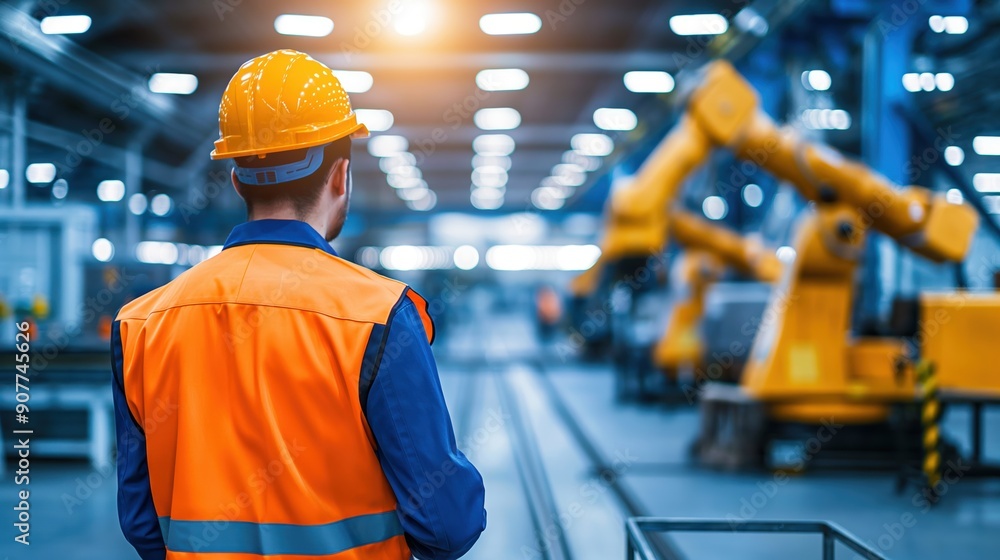 Factory floor with automated machinery and a manager overseeing operations, management growth, advanced manufacturing and productivity. Factory floor with automated machinery and a manager overseeing operations, management growth, advanced manufacturing and productivity.