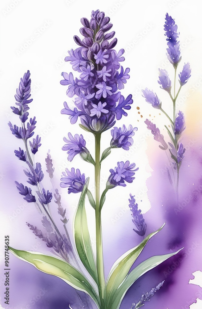 Fototapeta premium Lavender watercolor background. Delicate flower bouquet on a white background. Spring-summer banner template