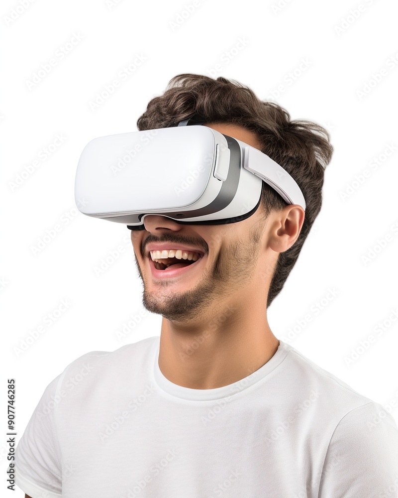 Young Man Experiencing Virtual Reality with a Joyful Expression Young Man Experiencing Virtual Reality with a Joyful Expression