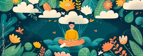 A serene illustration of a person meditating amidst vibrant plants and clouds, symbolizing peace and mindfulness.