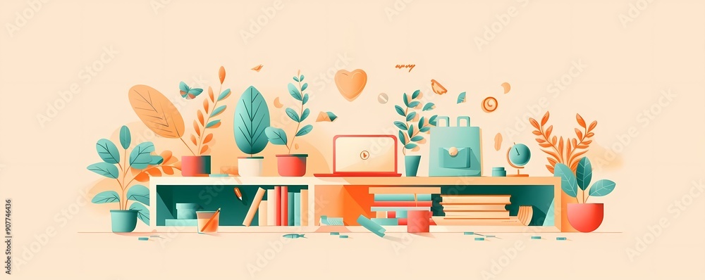 A vibrant illustration of a workspace with plants, books, and a laptop, creating a refreshing and creative atmosphere. A vibrant illustration of a workspace with plants, books, and a laptop, creating a refreshing and creative atmosphere.