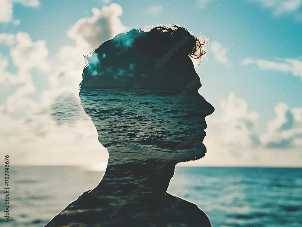 Silhouette of a man with the ocean and sky overlayed on his head, symbolizing dreams, freedom, and the vastness of the mind. Silhouette of a man with the ocean and sky overlayed on his head, symbolizing dreams, freedom, and the vastness of the mind.