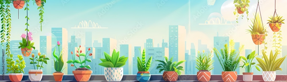 Vibrant collection of potted plants on a balcony with a city skyline view, perfect for home decor and gardening inspiration. Vibrant collection of potted plants on a balcony with a city skyline view, perfect for home decor and gardening inspiration.