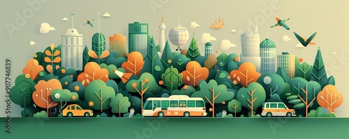 Vibrant cityscape with green trees, colorful buildings, and vehicles, showcasing a harmonious blend of nature and urban life.