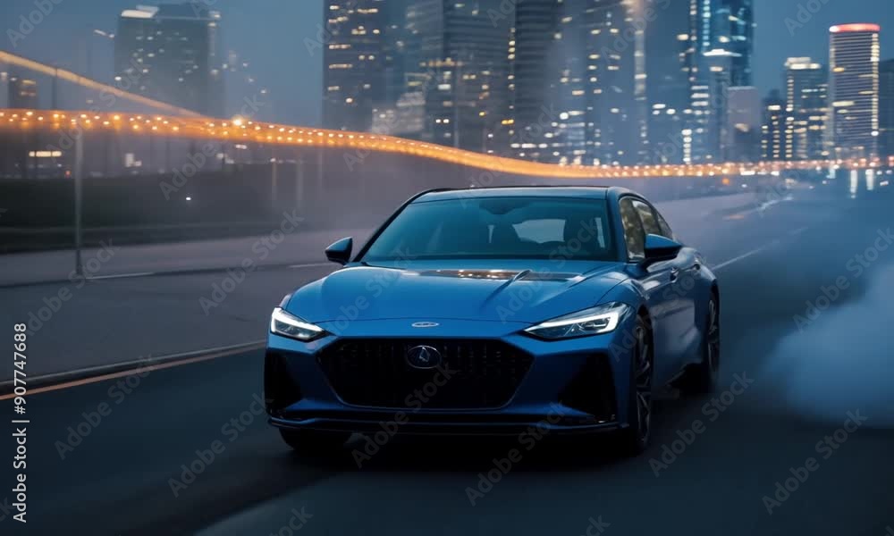 Blue Sedan on a City Road with Smoke Blue Sedan on a City Road with Smoke