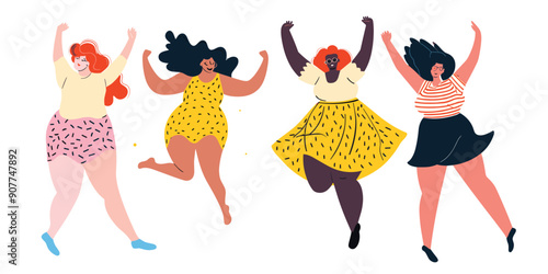 Four diverse women dancing joyfully, celebrating body positivity happiness. Multicultural female friends illustrated, enjoying freedom confidence. Women shown wearing fashionable clothes expressing