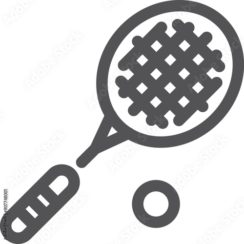 Tennis ball and racket. Game equipment line icon