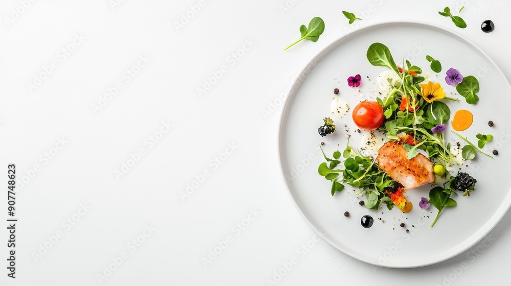 Exquisite Fine Dining Presentation with Microgreens and Edible Flowers, Gourmet Aesthetics and Copy Space for Text, Generative Ai Exquisite Fine Dining Presentation with Microgreens and Edible Flowers, Gourmet Aesthetics and Copy Space for Text, Generative Ai