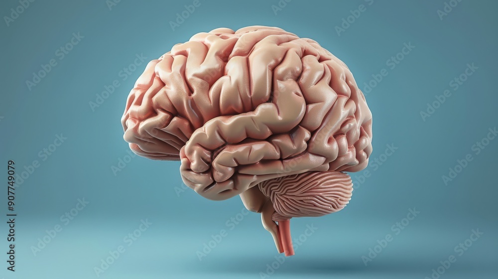 A brain is shown in a 3D image, with a blue background A brain is shown in a 3D image, with a blue background