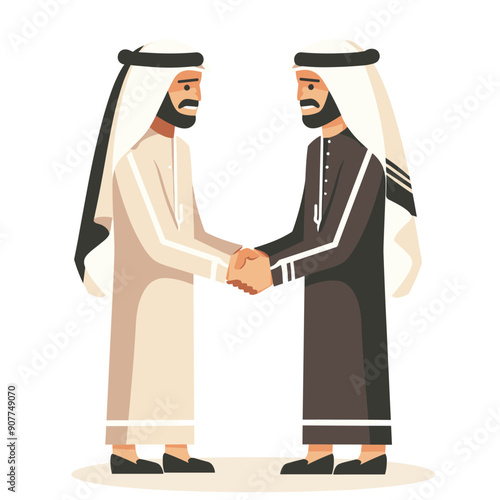 Two Middle Eastern men greeting handshake. Both wear traditional clothing, one white dishdasha black thobe. Illustration displaying cultural respect engagement