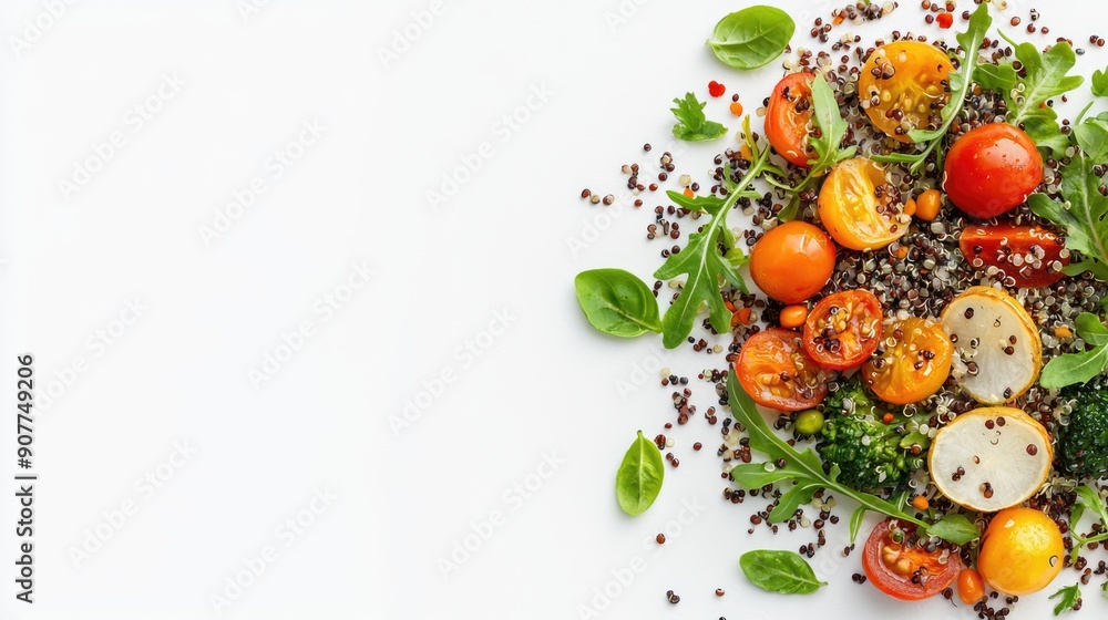Elegant Plant-Based Gourmet Cuisine: Colorful Vegan Quinoa Salad with Roasted Vegetables in Fine Dining Setting with Copy Space, Generative Ai Elegant Plant-Based Gourmet Cuisine: Colorful Vegan Quinoa Salad with Roasted Vegetables in Fine Dining Setting with Copy Space, Generative Ai