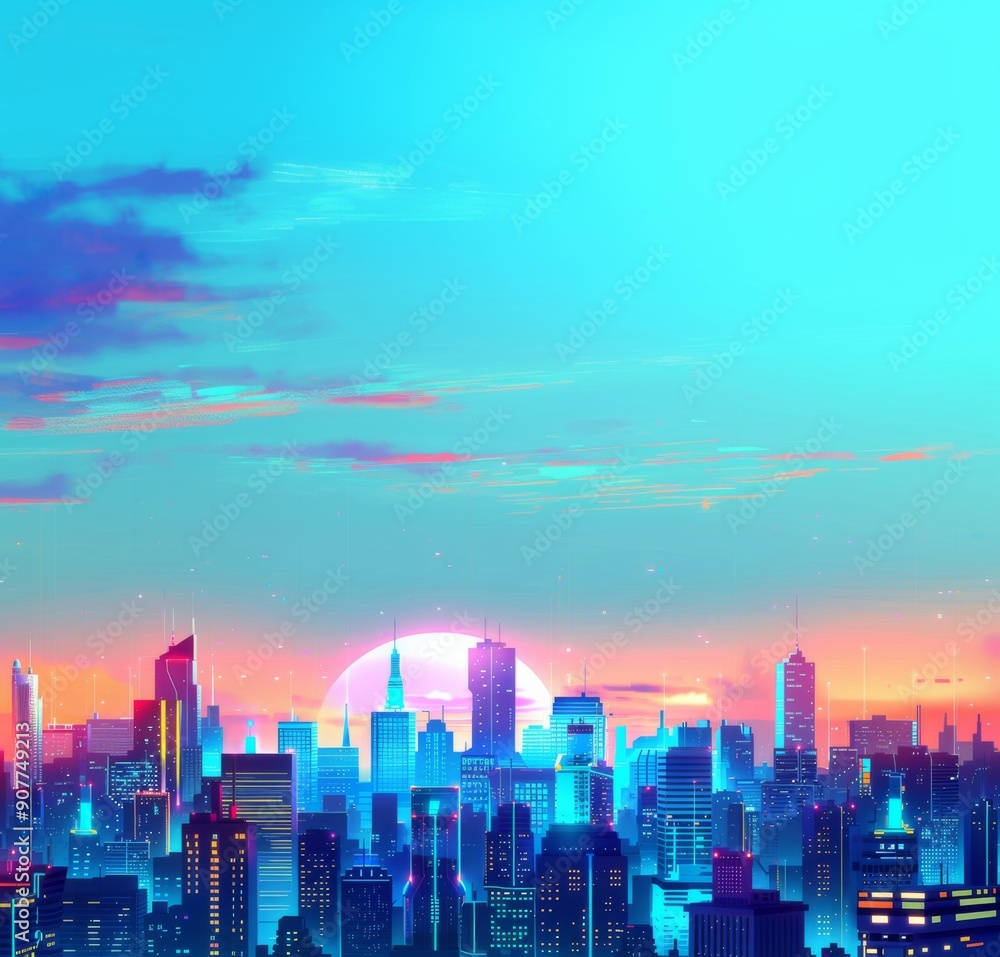 Fototapeta premium Futuristic Smart Cyber City illustration: Innovative Urban Landscape, futuristic technology and cyber punk concept, Graphic Resources, Wallpapers, Brochure, Websites, banner, Advertising, background