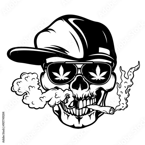 Skull Smoking Weed | Skull Kush | Weed Skull | Skull Cannabis | Weed | Skull | Skull with Cap | Smoking Joint | Original Illustration | Vector and Clipart | Cutfile and Stencil