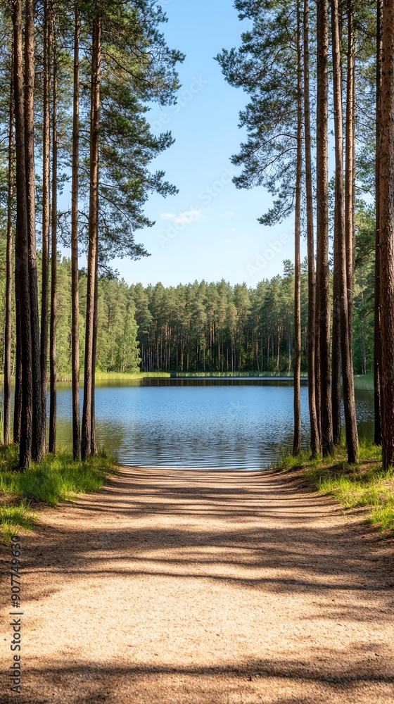 A serene forest path leading to a tranquil lake surrounded by lush trees under a clear blue sky. A serene forest path leading to a tranquil lake surrounded by lush trees under a clear blue sky.