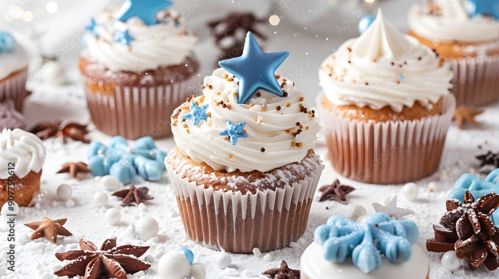 Batch of cupcakes and cakes adorned on a white backdrop Batch of cupcakes and cakes adorned on a white backdrop